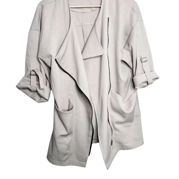 Womens Asymmetrical Zip Jacket Draped Collar Rolled Sleeve Beige Size MM - Picture 2 of 16